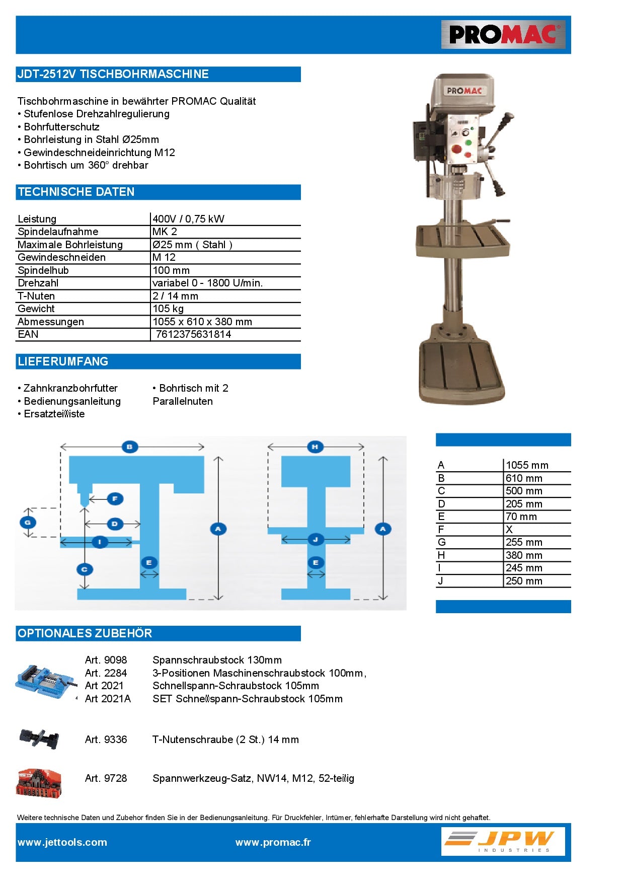 PROMAC TISCHBOHRMASCHINE JDT-2512V