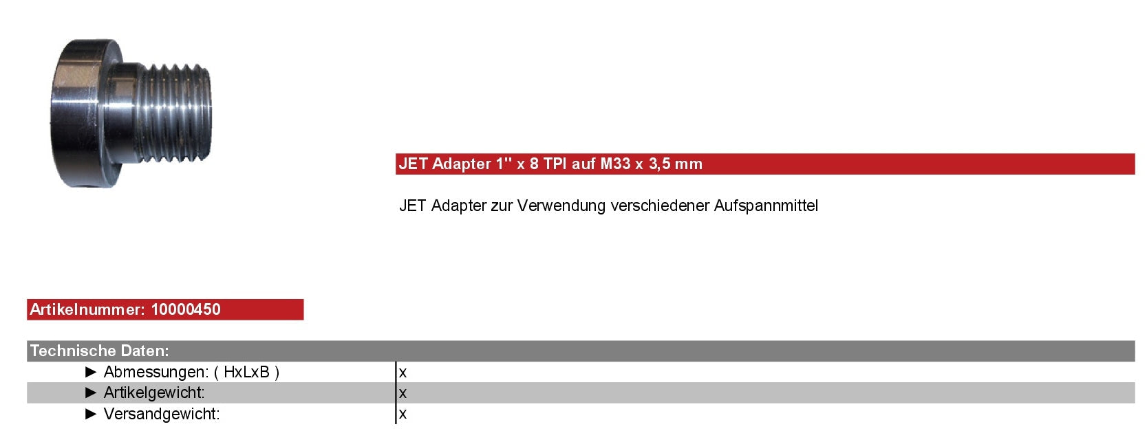 Aktion JET Zubehör Drechseln 10000450 Adapter 1" × 8TPI / M33 × 3.5